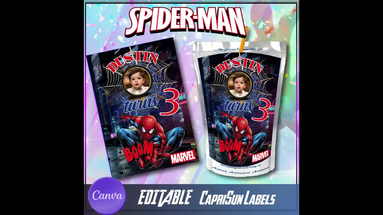 Etiqueta para bolsa de papas fritas de cumpleaños de Spiderman: Plantilla editable de Canva (descarga digital) video poster