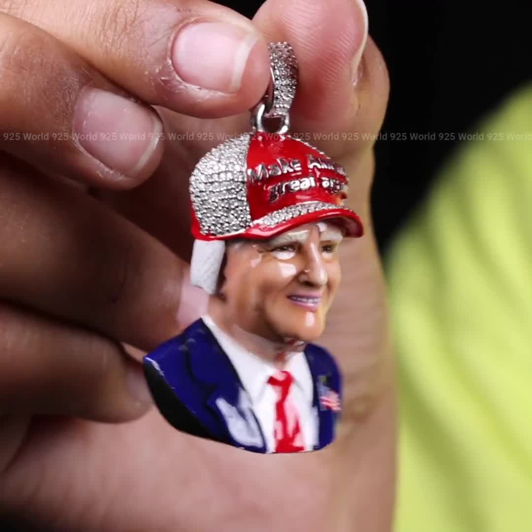 Donald Trump pendant,Make America Great Again Trump Red Hat Pendant ,MAGA hip hop pendant in 14k ,Custom 3D Face Enamel hiphop style pendant video poster