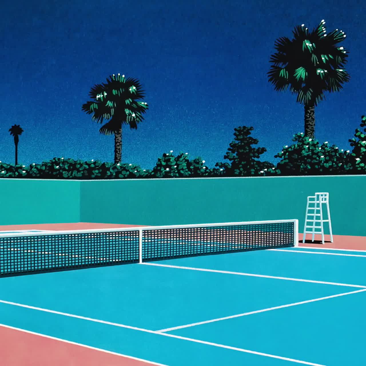 【額縁付き】 永井博（Hiroshi Nagai） A2ポスター テニスコート 永井博のプリント、テニスコートのファインアートポスター、レトロな