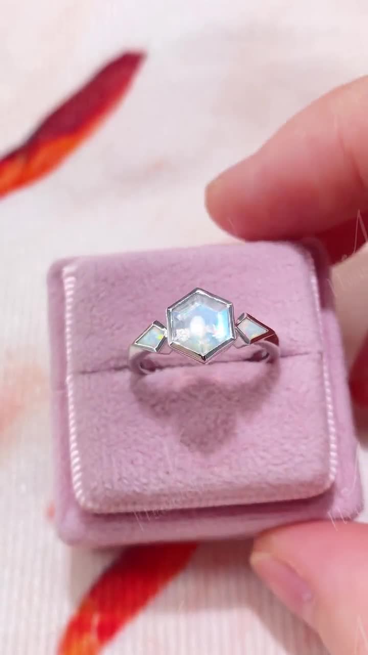 Bezel Set 6mm Hexagon Rainbow Moonstone Engagement Ring Bezel Set 6mm Hexagon Rainbow Moonstone Engagement Ring