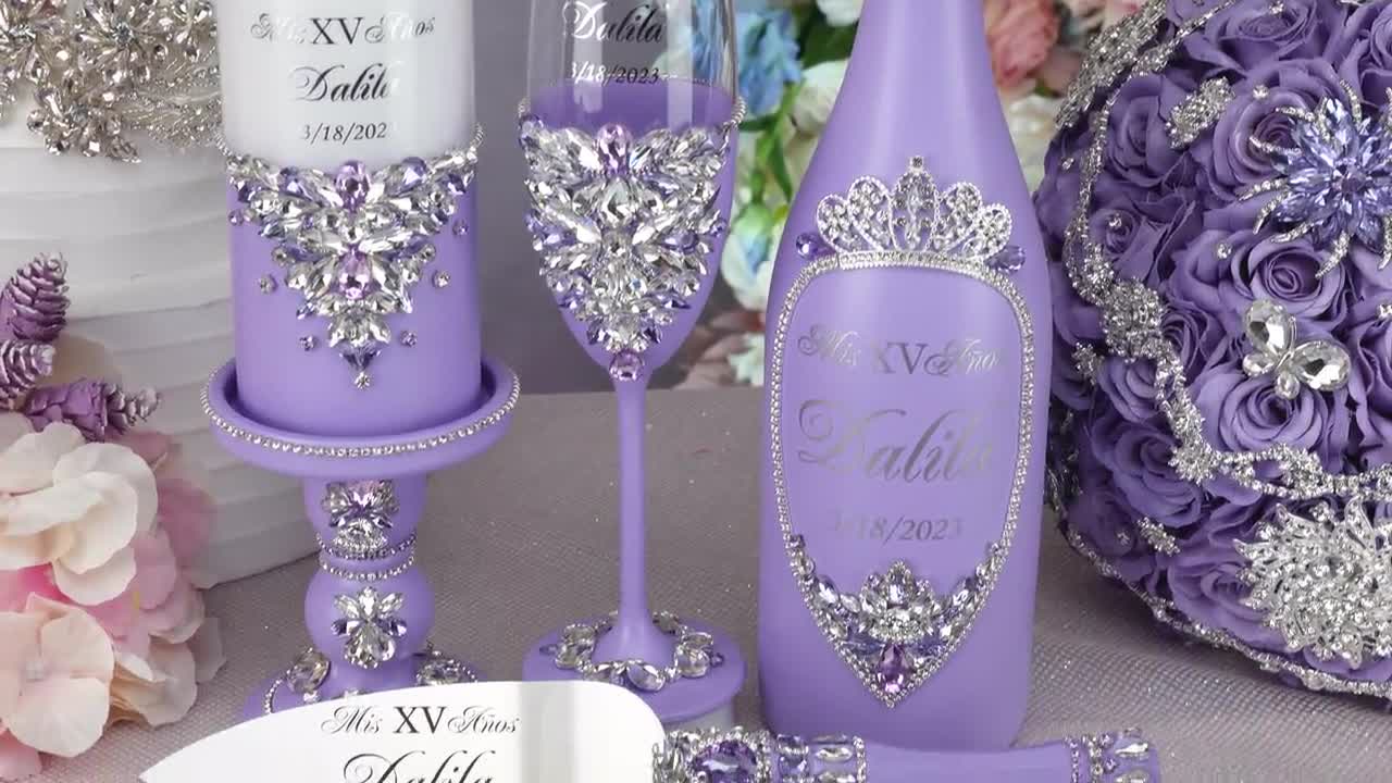 Lilac quinceanera brindis package with bottle and candle / quinceanera-decor