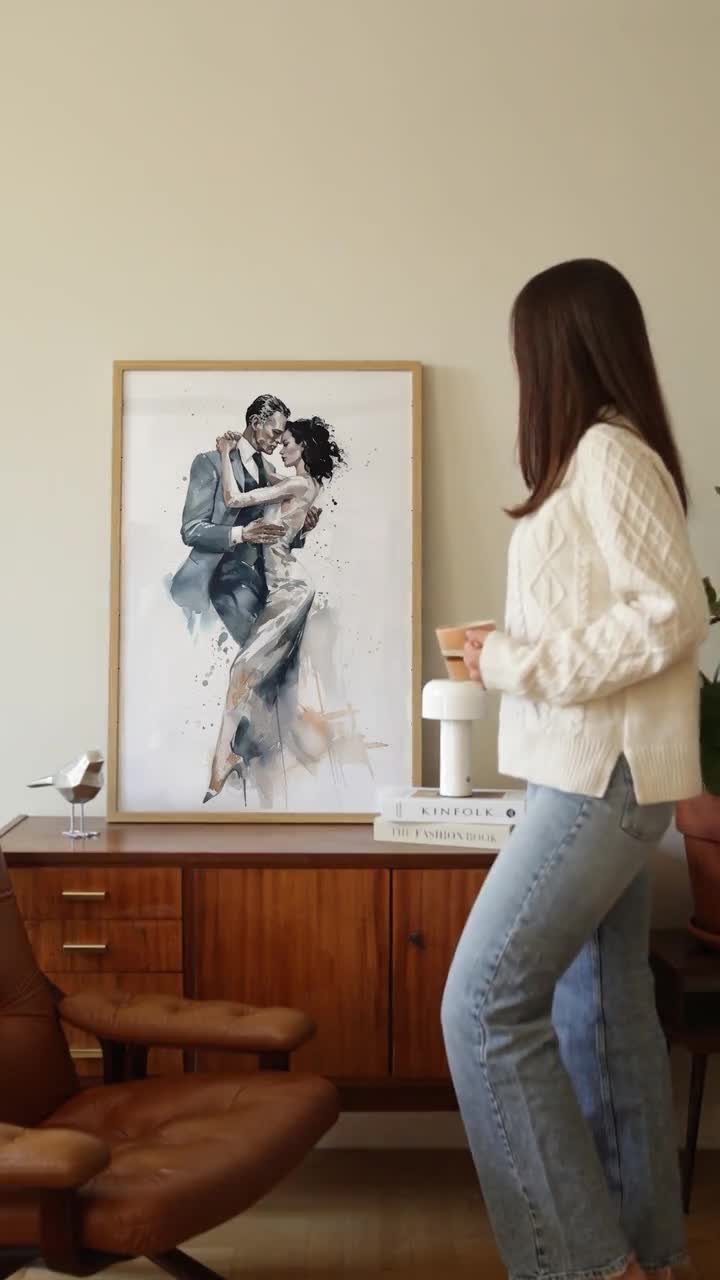 ポスター - ロマンチックなダンスカップルの水彩画、スーツを着た男性