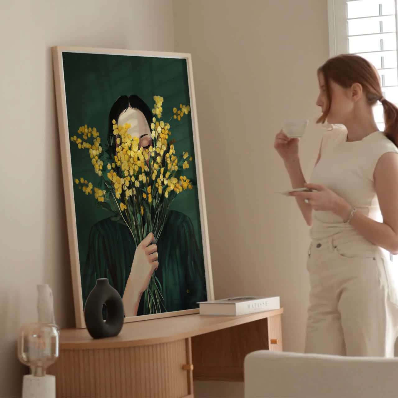 Emerald Green Woman With Mimosa Flowers Art Print: Minimalist