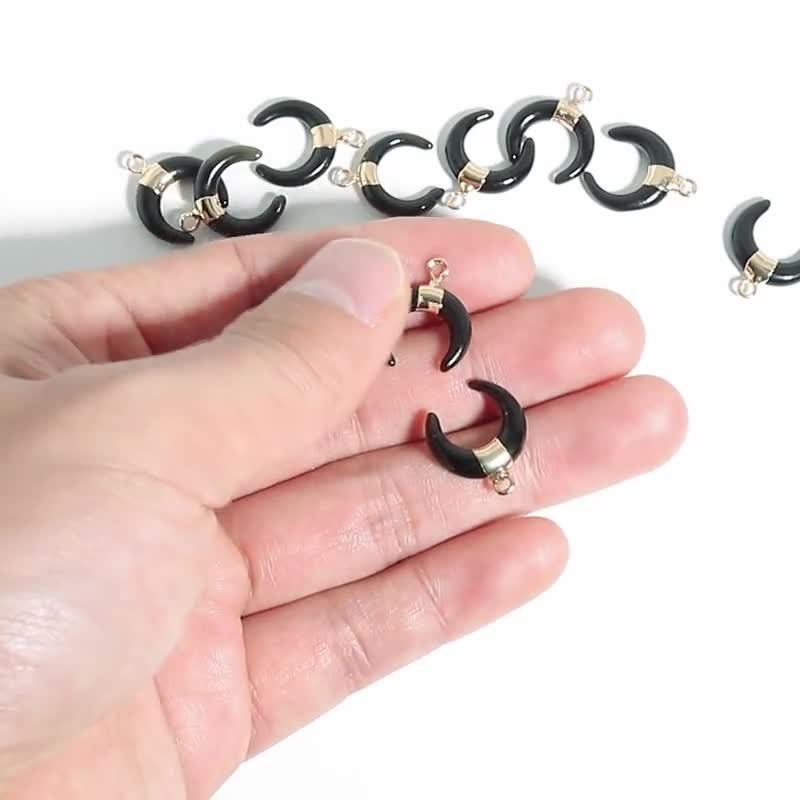 Obsidian Natural Stone Ox Horn Earring Charms - Brass