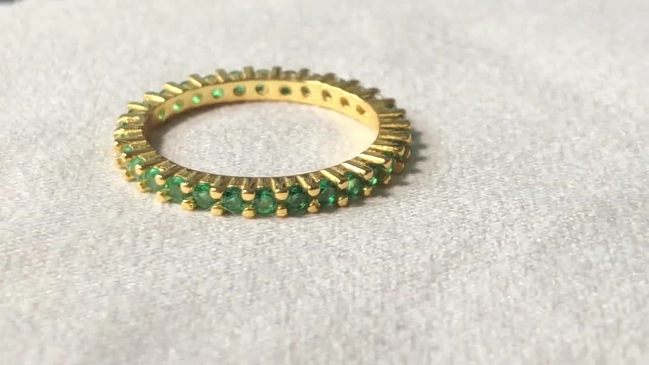 14K Yellow Gold & SS925 2mm Natural Green Emerald Full Eternity Wedding Band Stacking Ring video poster