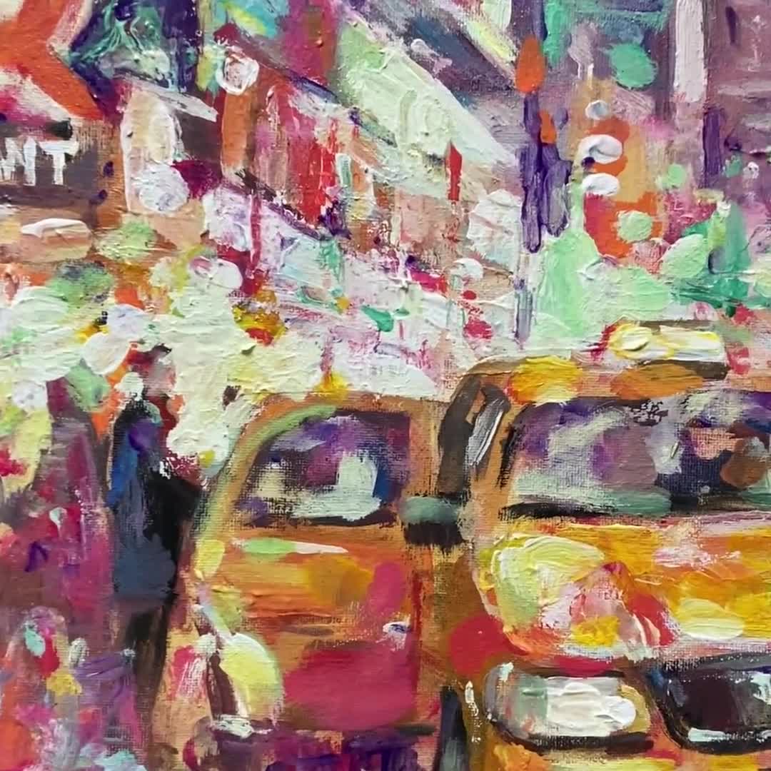 NYC YELLOW CAB Original Oil fashion Painting on 18x24 Canvas by Dima K New York City Lan