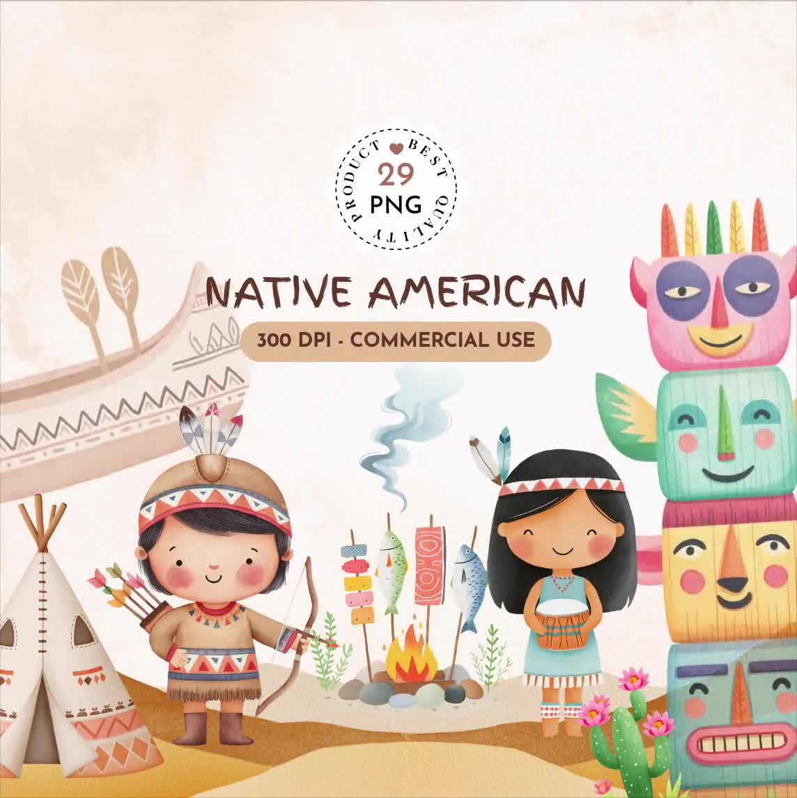 Native American Clipart, Cute Indian Tribal Kids PNG, Boho Totem