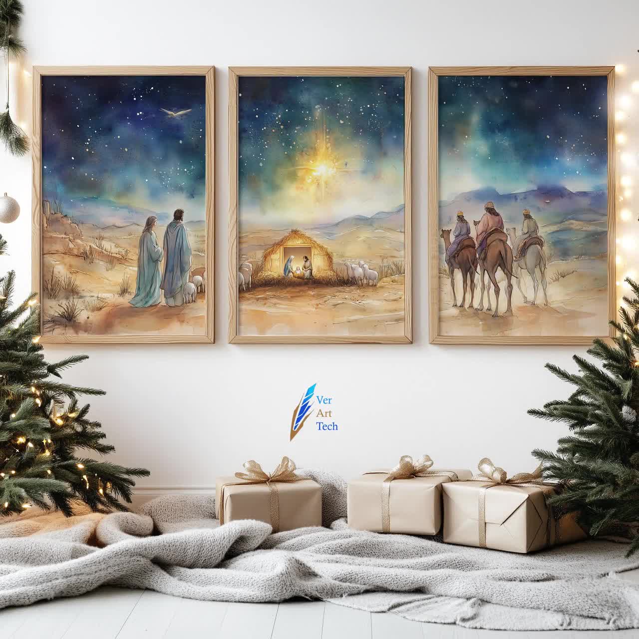 キリスト降誕シーンの壁アート 3 点セット、水彩画のキリスト降誕
