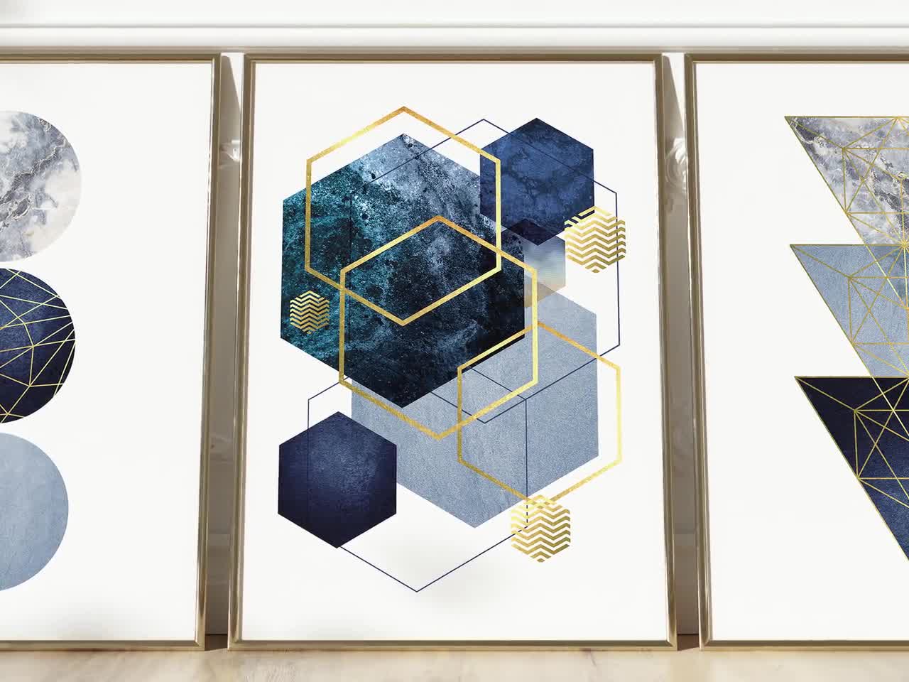 Digital Art Printable Blue Instant Art of Posters Download - Navy Minimalist Prints Gold Geometric Set Downloadable 3 A1 Decor Wall Etsy Download