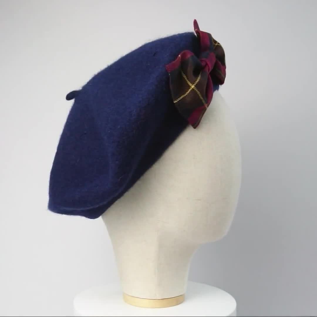 Navy Blue Wool Felt Beret Hat with Wine Navy Brown Tartan Bow, Navy French  Beret Hat with Tartan Bow, Navy Wool Felt Winter Hat