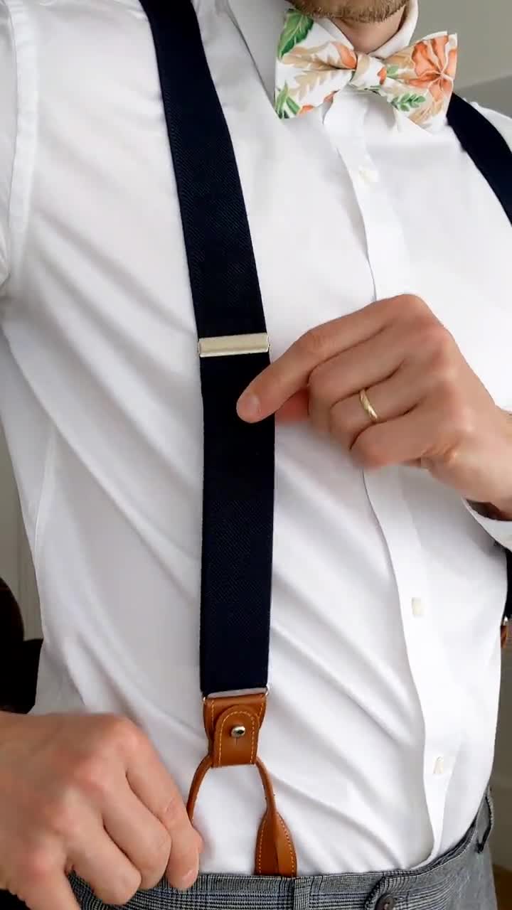 Navy Blue Suspenders for Men, Brown Button Suspenders, Wedding