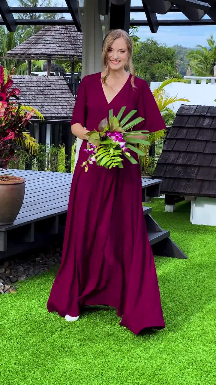 Burgundy romantic wrap dress, bridesmaids dress, maxi dress, long dress,  wedding guest dress, formal dress, evening summer dress