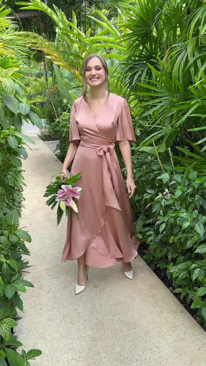 Rose gold silk dress, silk dress, wrap dress, bridesmaid dress, wedding  guest dress, women dress, evening dress, long dress