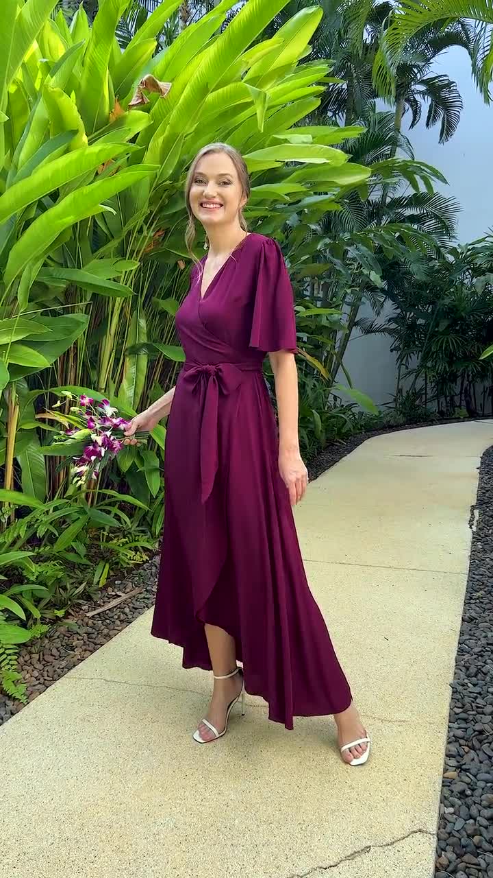 Burgundy romantic wrap dress, bridesmaids dress, maxi dress, long dress,  wedding guest dress, formal dress, evening summer dress