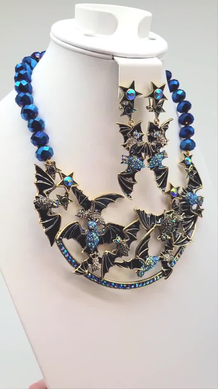 Alilang Gothic Bat Necklace & Earrings Set - Abalone Colored Enamel, Halloween Jewelry, Adjustable Chain - View #3