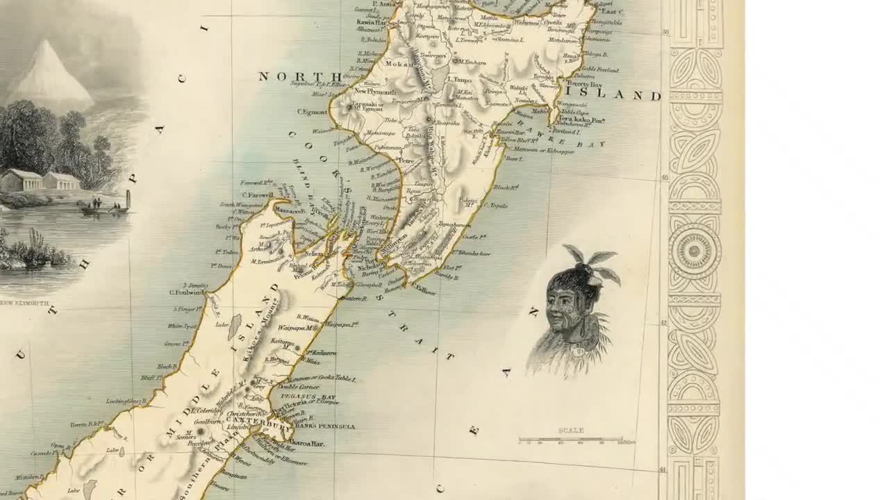 1851年製 ニュージーランド地図 1851年のニュージーランド地図、高解像度プリント最大40x60インチ（100