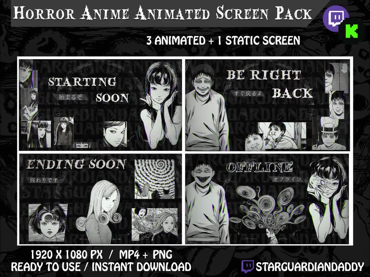 Dark Horror Anime - Manga - Junji Ito - Twitch & Kick Animated Stream  Screen Pack - Starting Soon / Be Right Back / Ending Soon / Offline