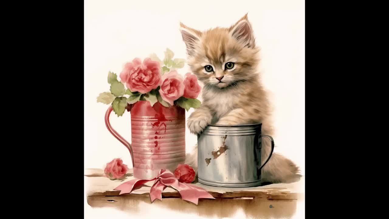 シャビーシックなヴィンテージ子猫のJPGクリップアートバンドル