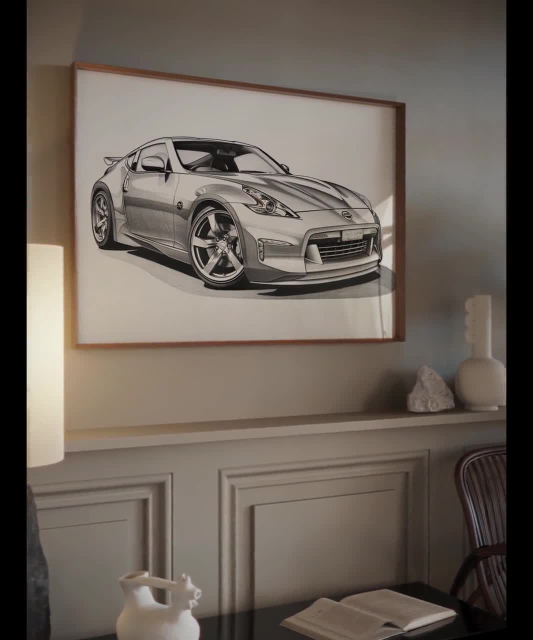 Nissan Z Line Art Print: Grayscale Pencil Sketch for Car