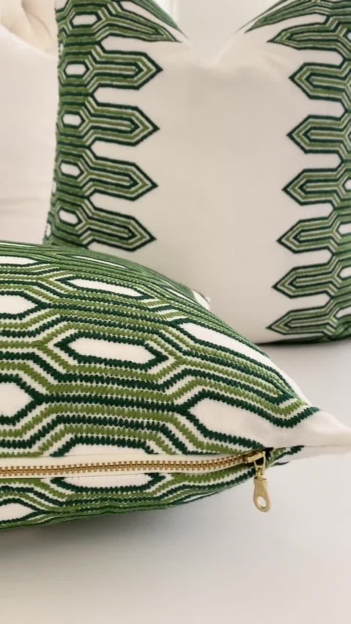 Retro Embroidered Thibaut Nola Green Throw Pillow