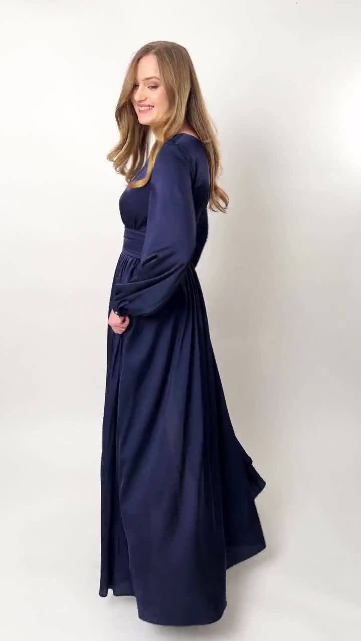 chinese dress ladies Navy Blue Long Sleeve Open Back Maternity Maxi Dress  PinkBlush