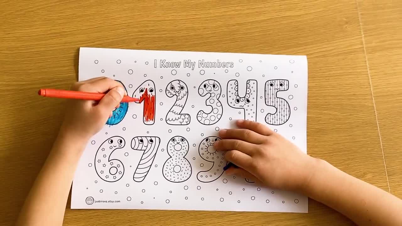 かわいい数字の塗り絵ページ、0から10までの数字を塗る塗り絵ページ