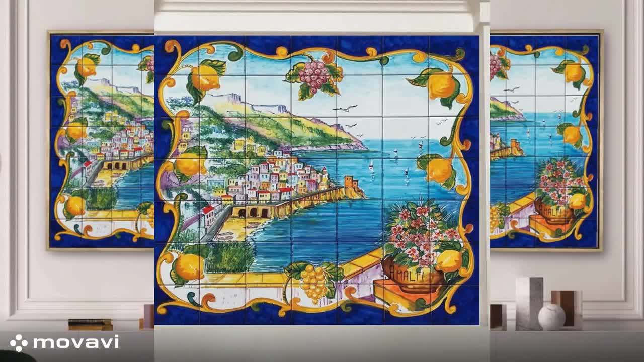 50’sアメリカ モザイクタイル 絵画 額 ビンテージHAWAII 手描きのイタリア製タイルモザイク - アマルフィ海岸 - カラフル
