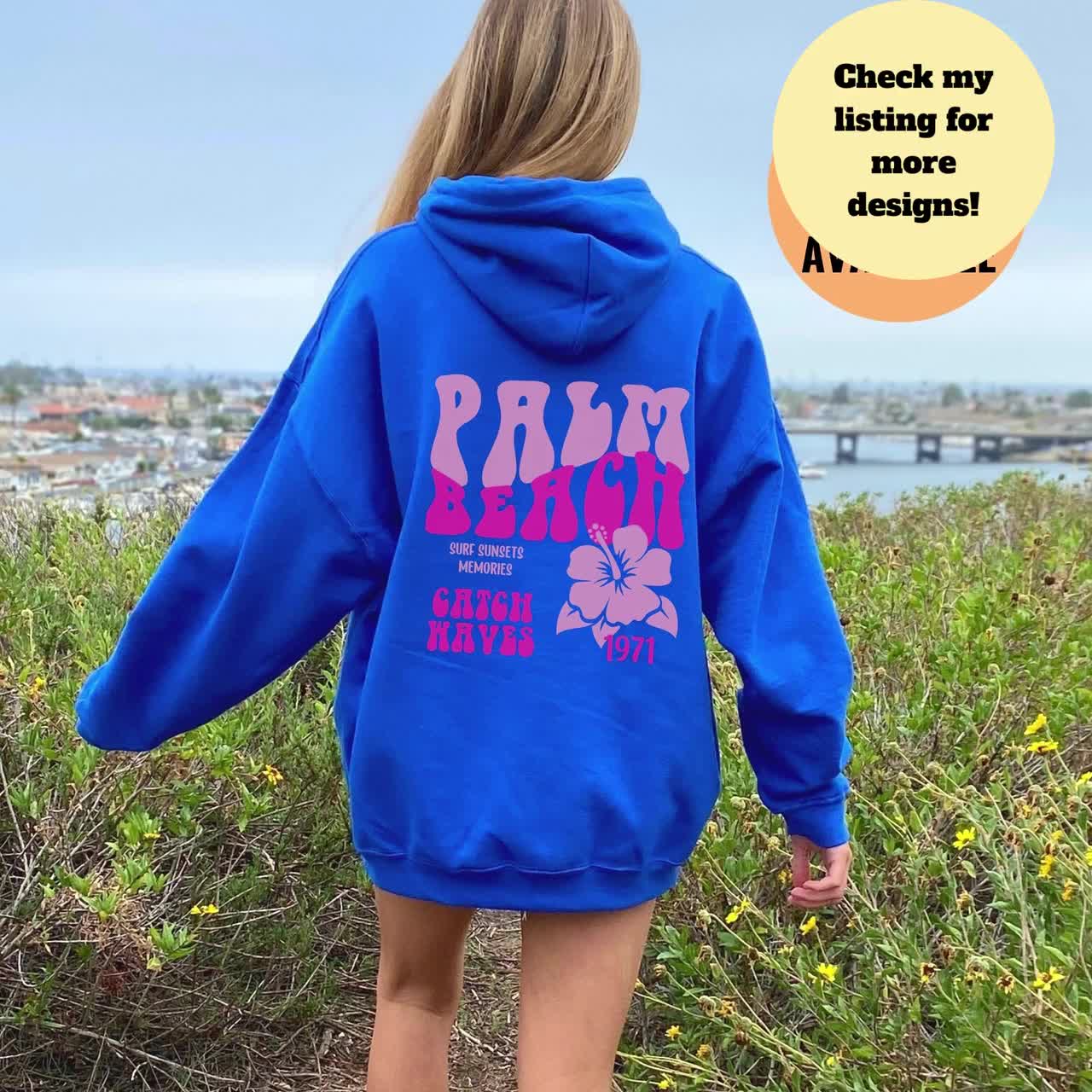Coastal Vibes Hoodie back Design Surfer Girl, Beach Sweatshirt