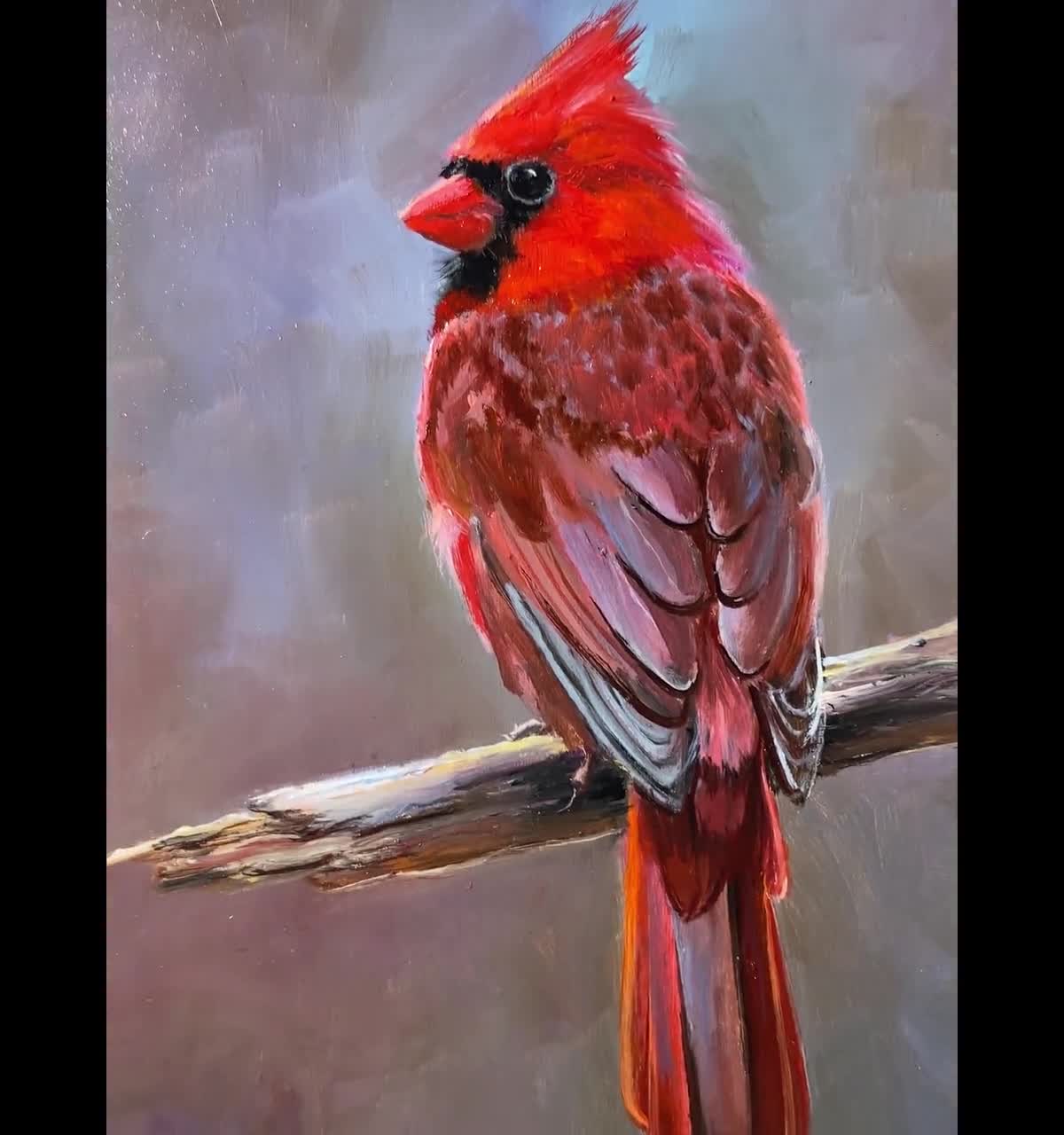 Original oil painting signed Red Bird Cardinal Blue Jay Birds Art