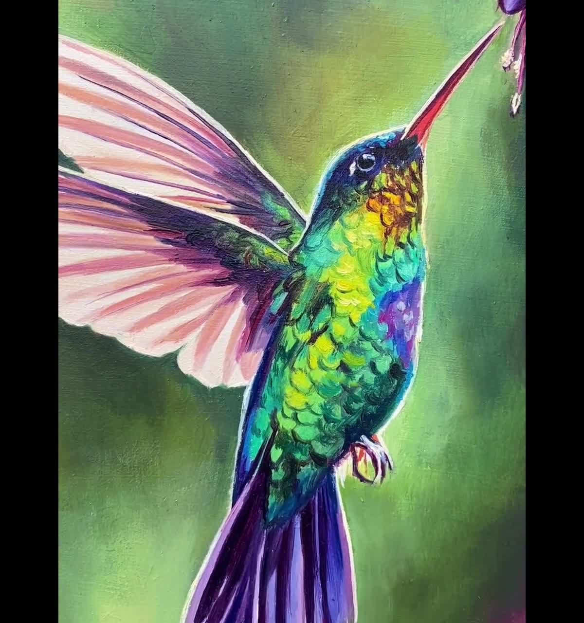 Fuchsia flowers and hummingbird oil painting, Tropical bird