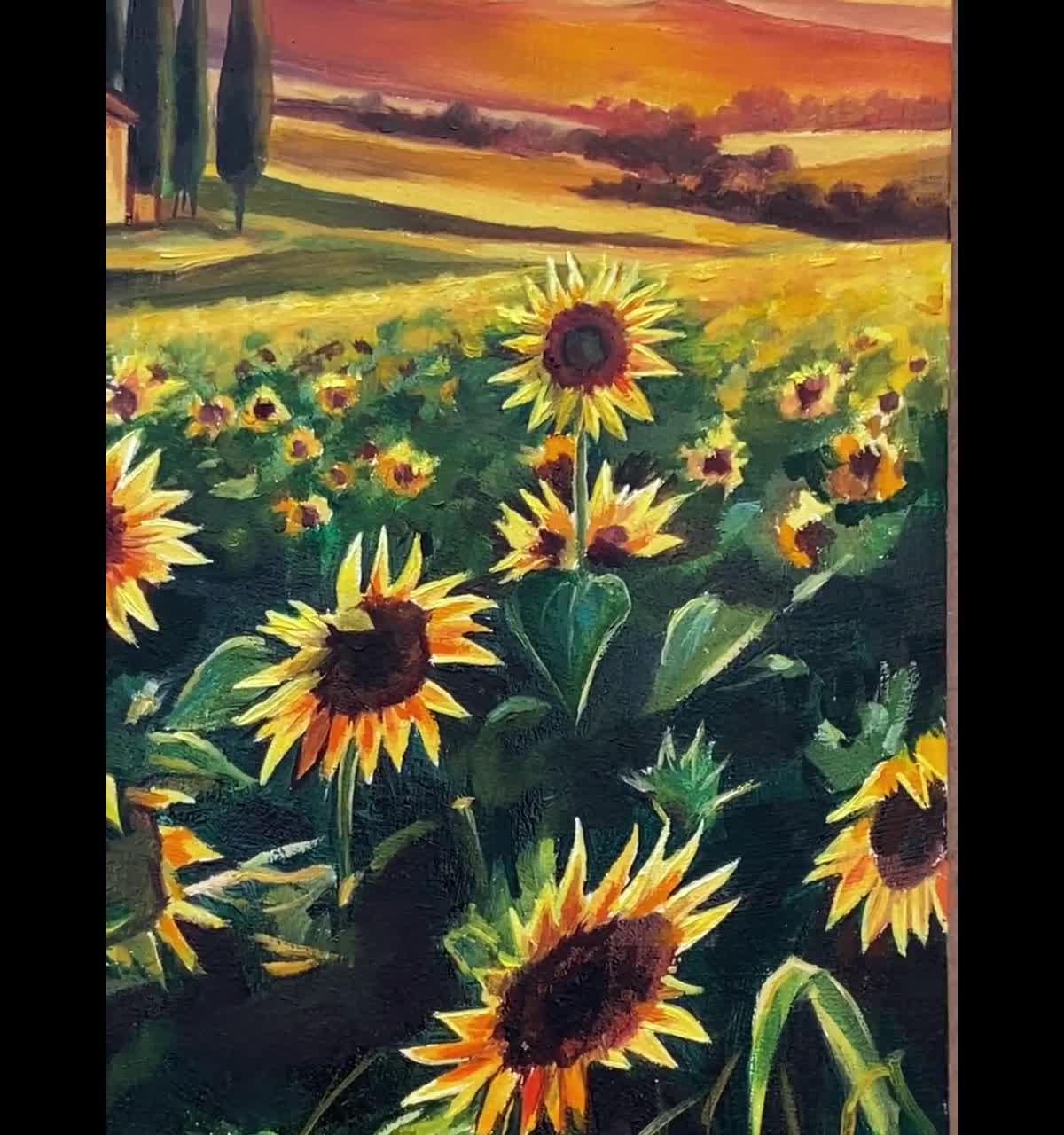ORIGINAL sunflowers landscape oil painting, Tuscany fields artwork