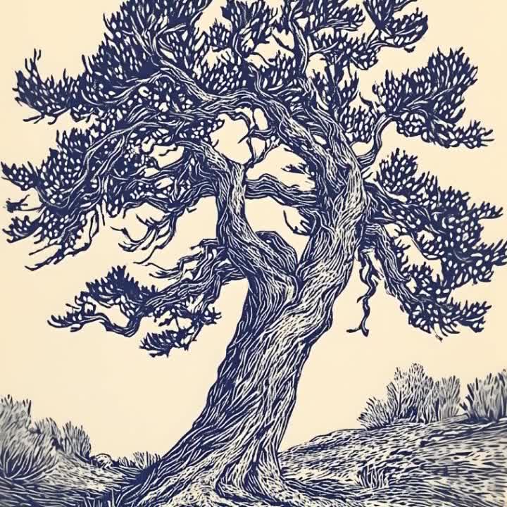 Vintage Oak Tree Art Print Linocut Tree Print Moody Tree Poster