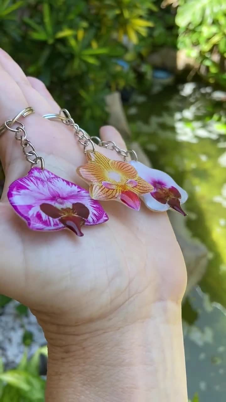 Orchid Flower Keychain, Floral Key Ring, Handmade Zipper