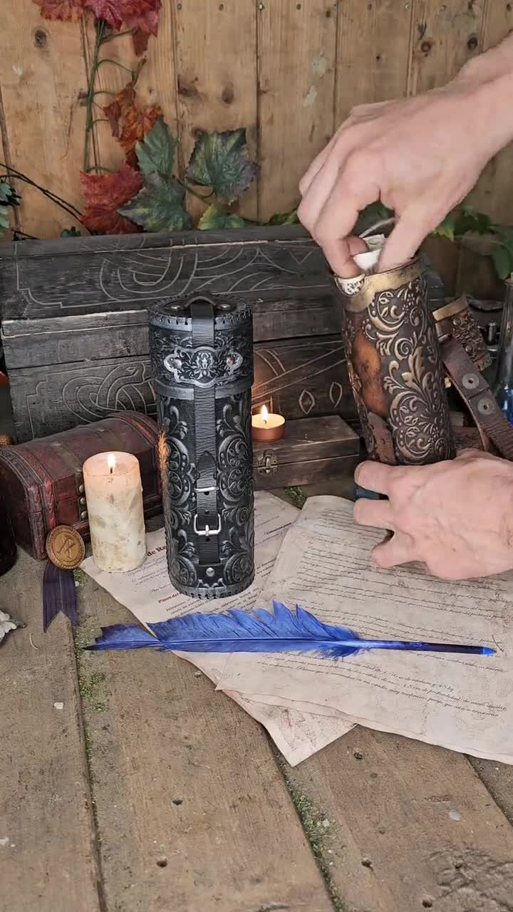 Ornated Leather Scroll Case: Exquisite Document Tube for