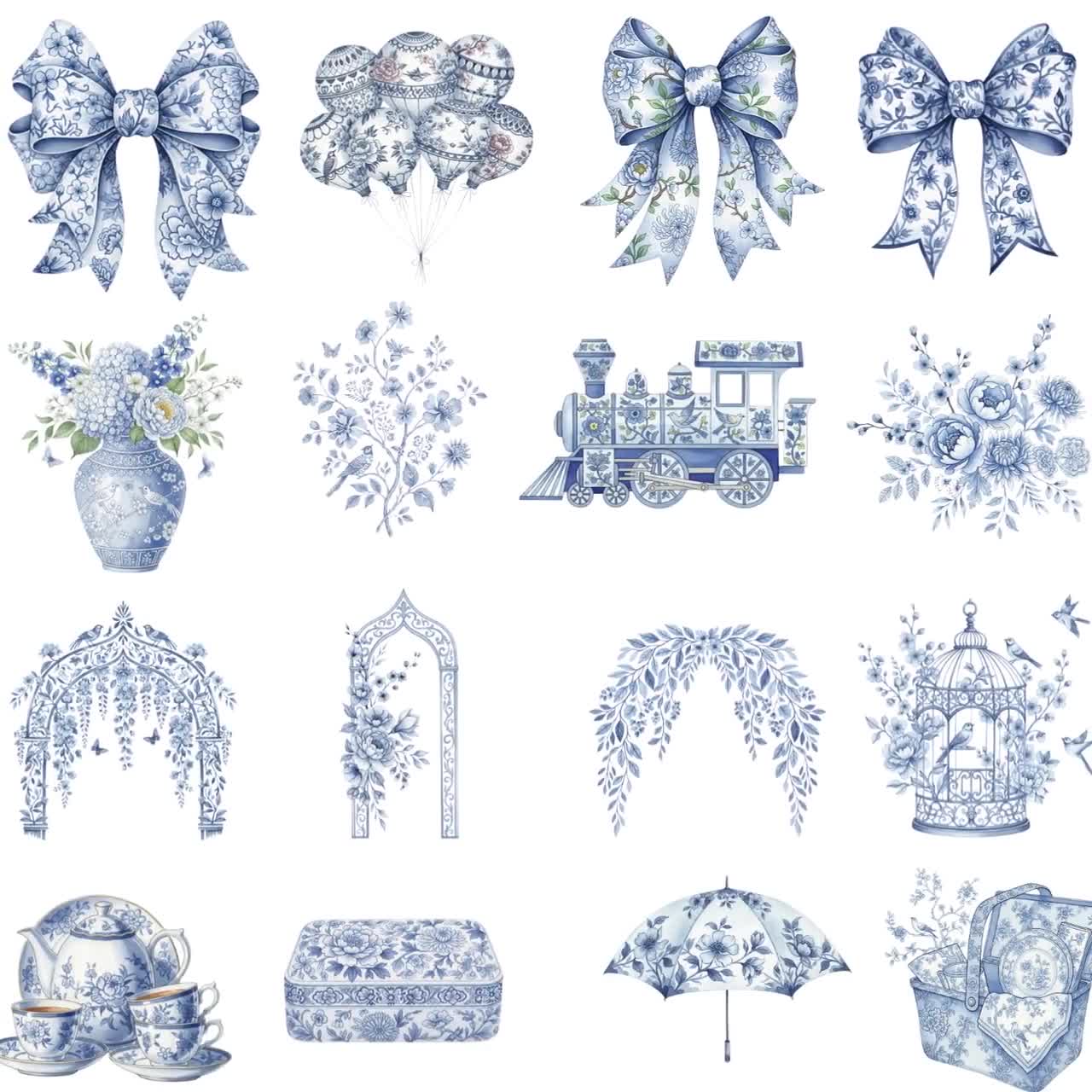 Blue Toile Baby Clipart, Blue Chinoiserie Clipart, French Toile De Jouy Png, Watercolor Floral Elements, Baby Boy Shower Clip Art, Nursery video poster