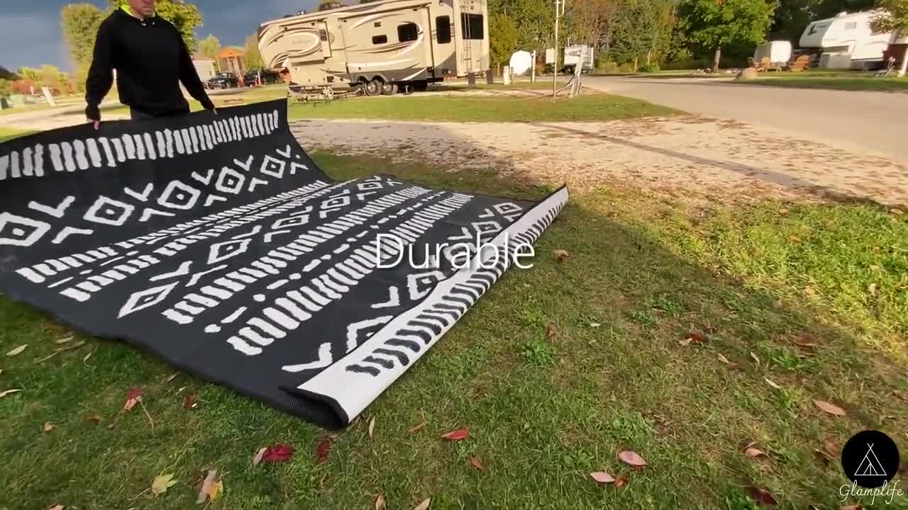 Glamplife Recycled Waterproof RV Mat | 8x16 Outdoor Rug for Camping |  Outdoor Mats for Patio | Portable Outdoor Area Rug | Black and White  Outdoor RV