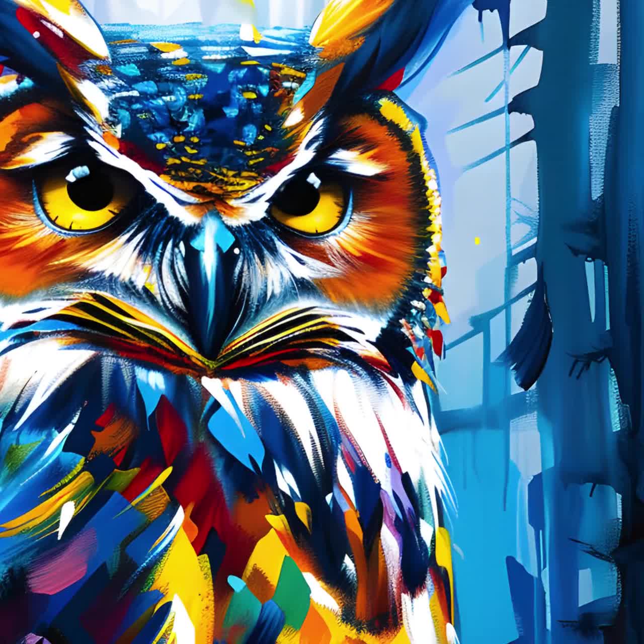 カラフルなフクロウの油絵プリント（額入りキャンバスウォールアート