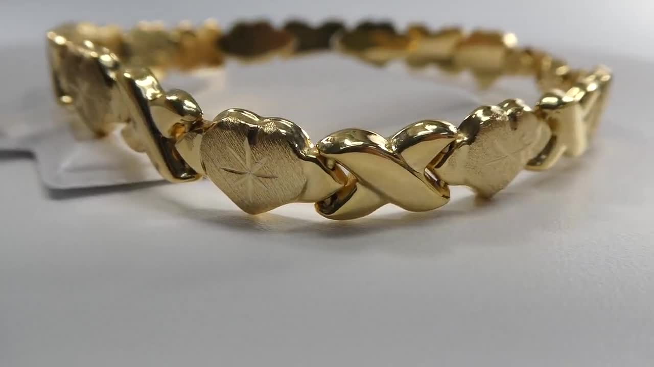 6.5 / 7 / 8 / 10 inch xoxo heart stampato bracelet all yellow tone 14k  yellow gold color finish over real 925 sterling silver