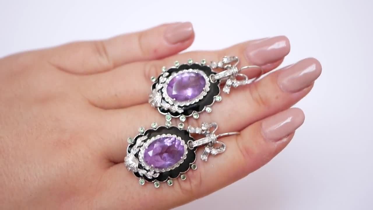 Amethysts, Tsavorite, Diamonds, Enamel, 14 Karat White Gold Earrings. video poster