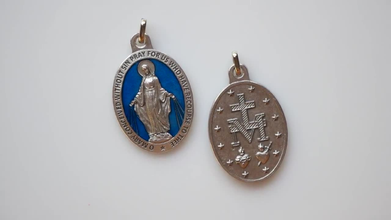 Royal Blue Enamel Italian Catholic Silver Miraculous Medal of the