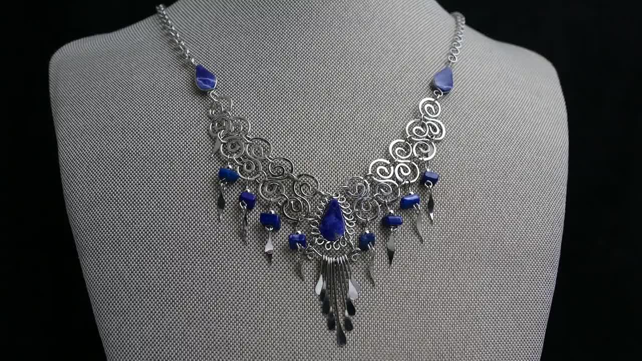 Blue Statement Chunky Necklace ASMR Necklace Sounds Bohemian Necklace  Metalwork Necklace Blue Sodalite Stone Beads Lightweight Bohemian