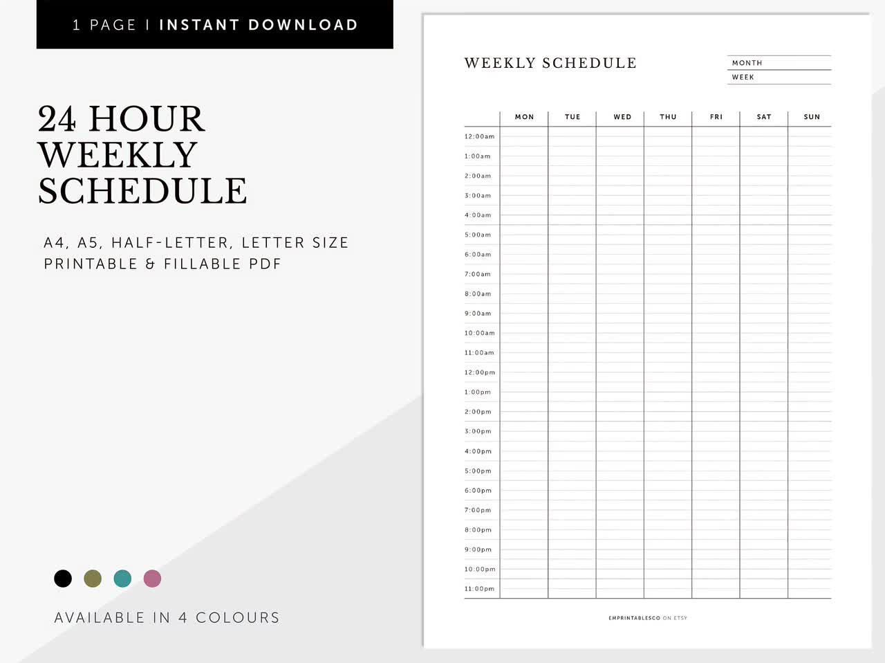 24 Hour Weekly Calendar, 24hrs Weekly Schedule, Weekly Desk Planner,  Fillable & Printable, Planner Inserts, A4/a5/letter/half Size - Etsy