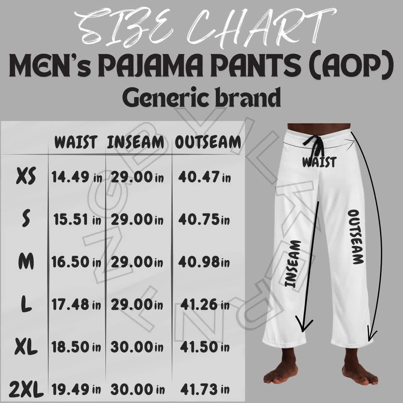 Men's Pajama Pants AOP Size Chart I Men's Pajama Pants Mockup and Size  Chart I Pajama Pants Guide sizing chart I printify sizing chart