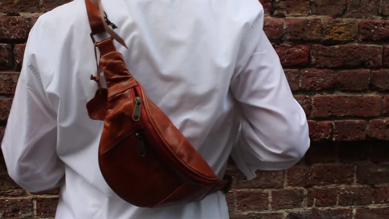 Tan Bum Bag With 3 Zip Pockets, Chest Bag Tan Leather, Fanny Tan Bum Bag With 3 Zip Pockets, Chest Bag Tan Leather, Fanny