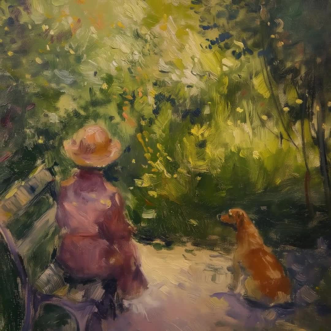 モネの忠実な犬が飼い主と一緒に美しい景色を眺めている絵画、印象派の
