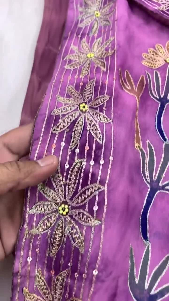 インドのヴィンテージサリー ピュアクレープシルク 手刺繍サリー 5