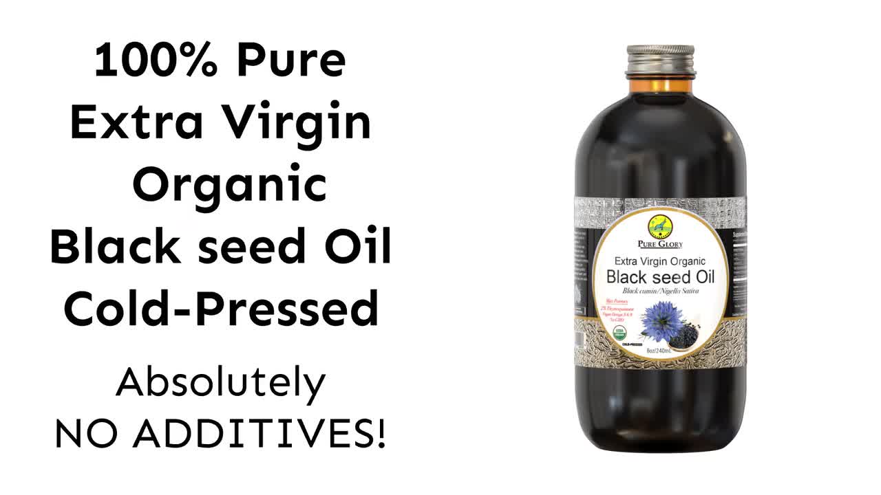 Aceite de semilla negra orgánico virgen extra, alto en timoquinona (botella de vidrio), semillas de comino negro, Kalonji, Nigella sativa video poster