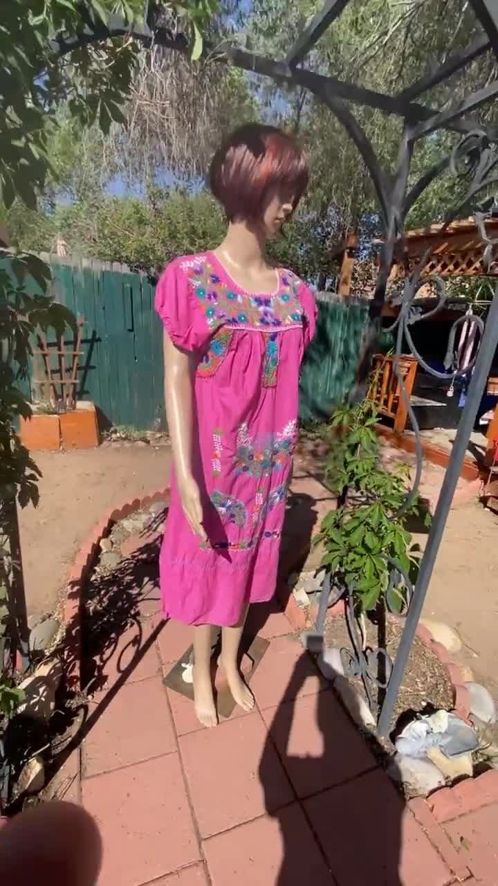 Vintage 70's Mexican Dress - Hand Embroidered - Hot Pink