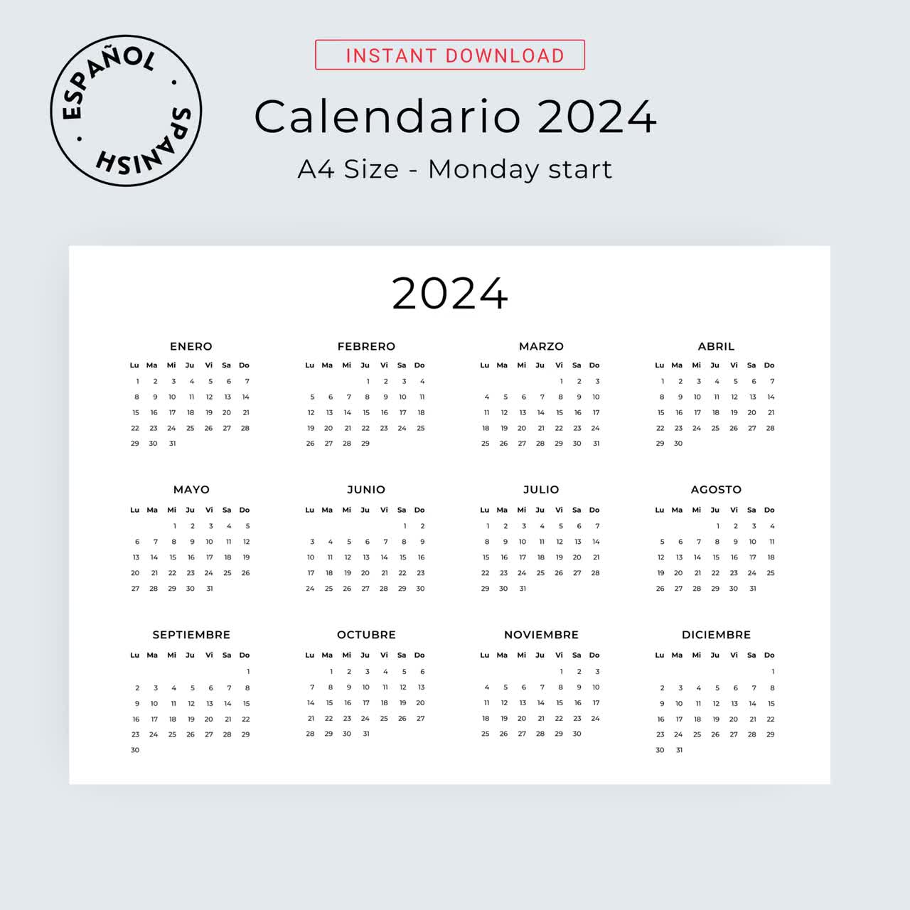 Calendario 2024 En Español Calendario Para Imprimir Calendario Orientación  Horizontal Spanish Calendar 2024 Landscape A3 A4 Letter Size PDF 