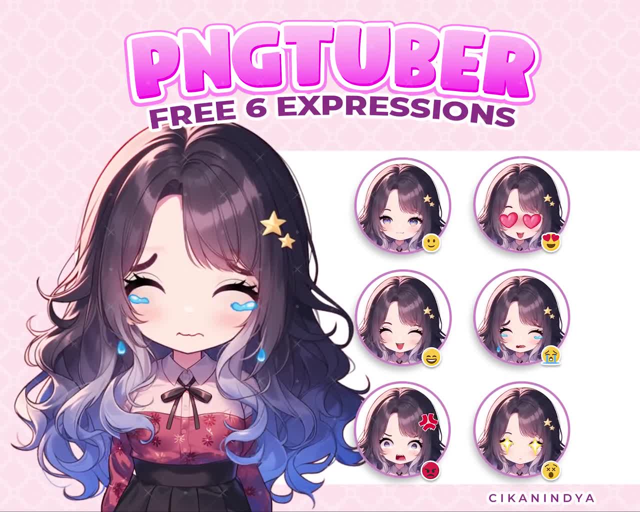 Star Hairpin PNG Tuber Girl: 12 Pose Expressions (Digital Streaming)